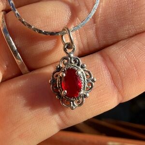 Vintage-Inspired Silver Necklace with Red Gemstone